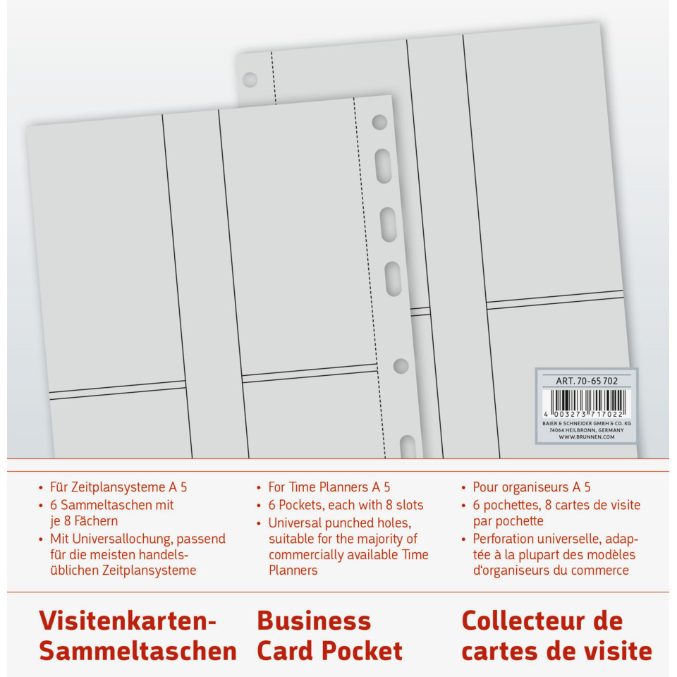 Business Card Pocket, Time Planner, 6 pockets, punched holes, organizer accessory