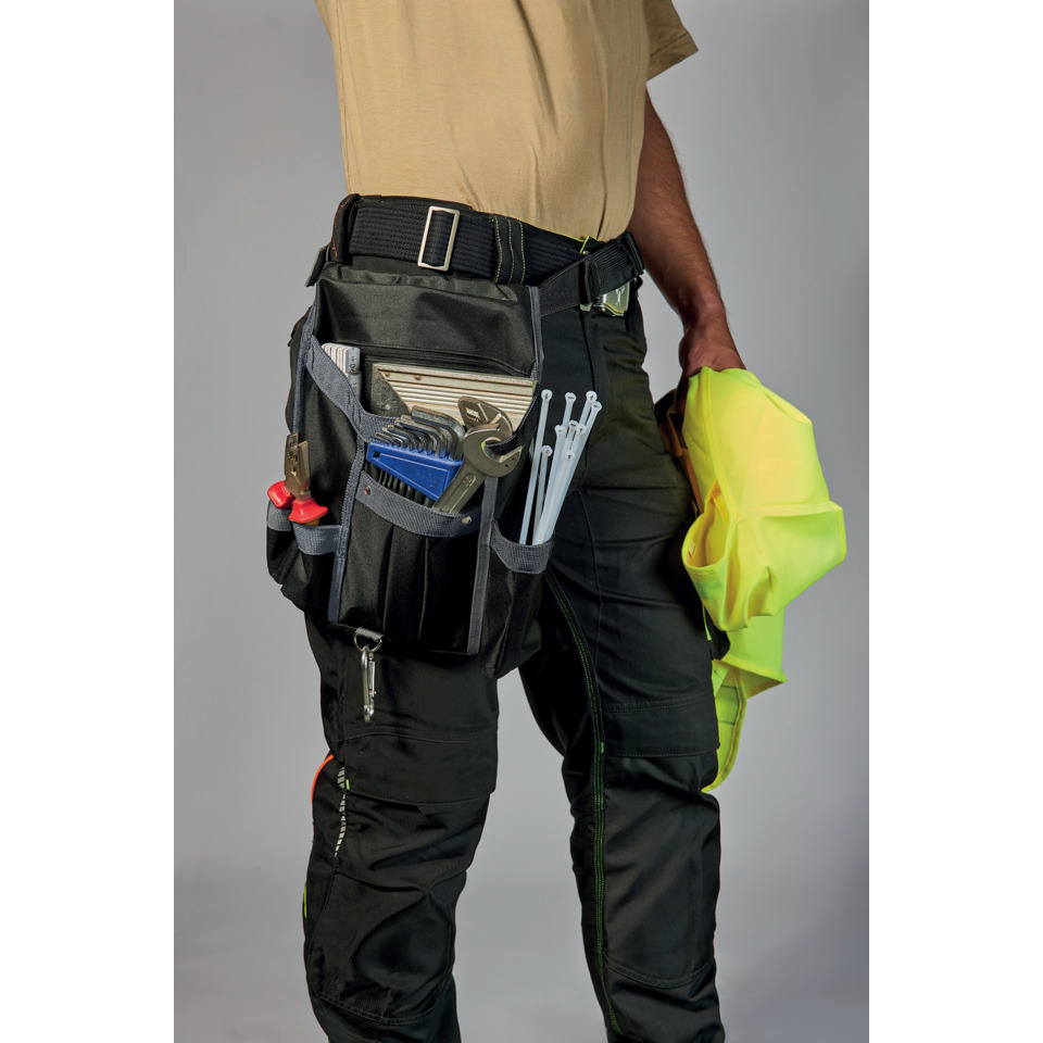 werkzeughose, werkzeugtasche, gürtel, hochsichtbare handschuh, baubedarf werkzeuge