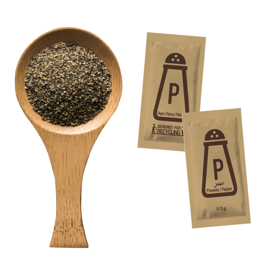 schwarzer pfeffer, pfefferkörner, mühle, sachet, gewürzbeutel