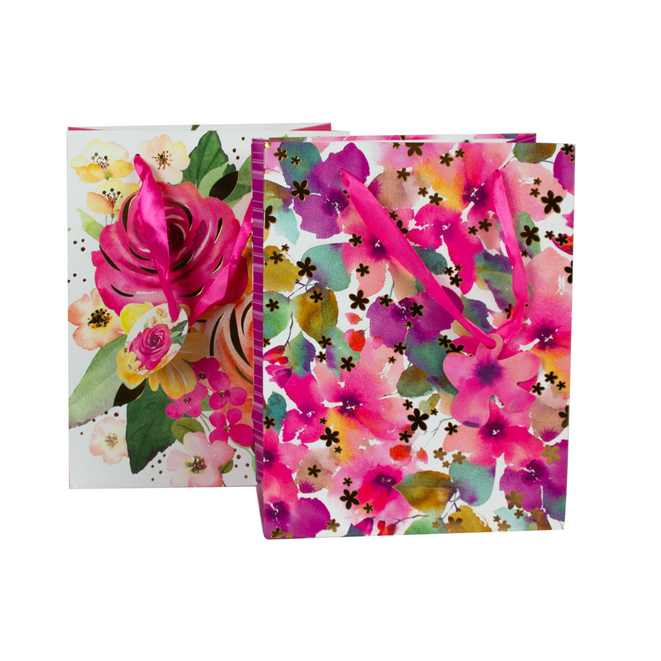 Geschenktüte, Blütenmuster, Papiertüte, Pink, Schleife/Schleifenriemen