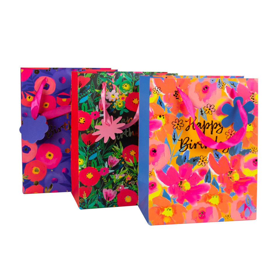 Geschenktüte, Geschenkverpackung, Blumenmuster, Bunte Tüte, Samtband