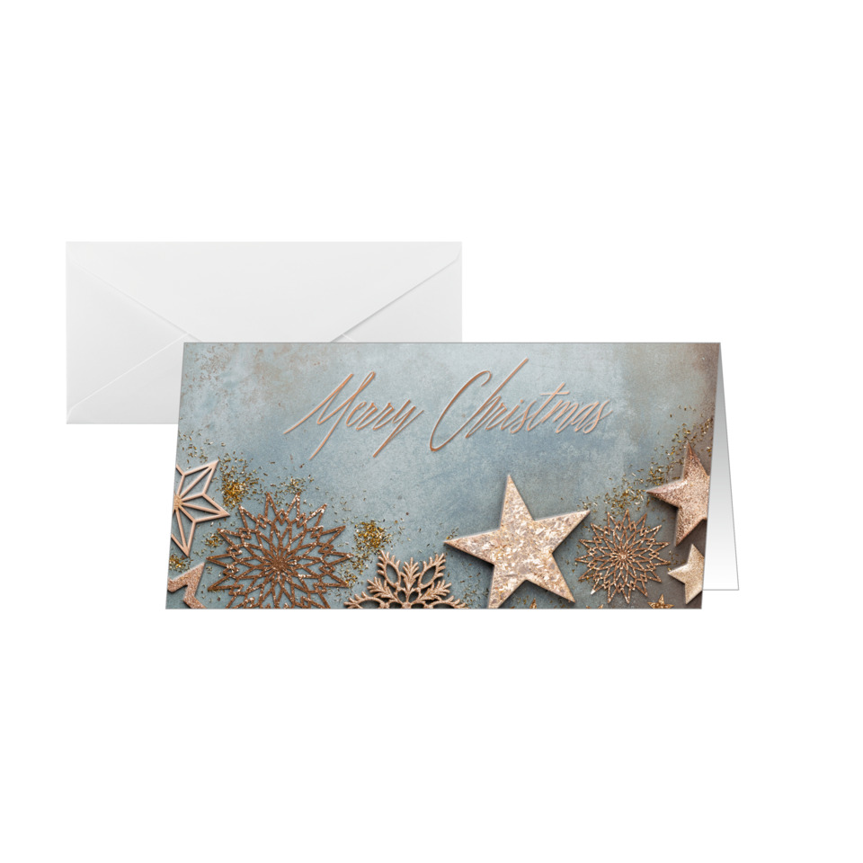 Weihnachtskarte, Schneeflocken, Sterne, Glitzer, Industrieller Stil