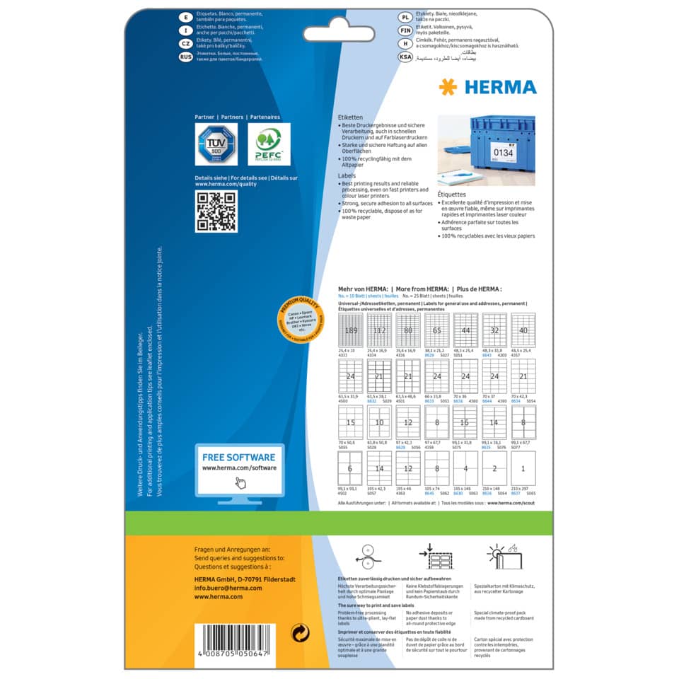 Kunststoffbox, Kartonverpackung, Rückseite, Etiketten, Herma