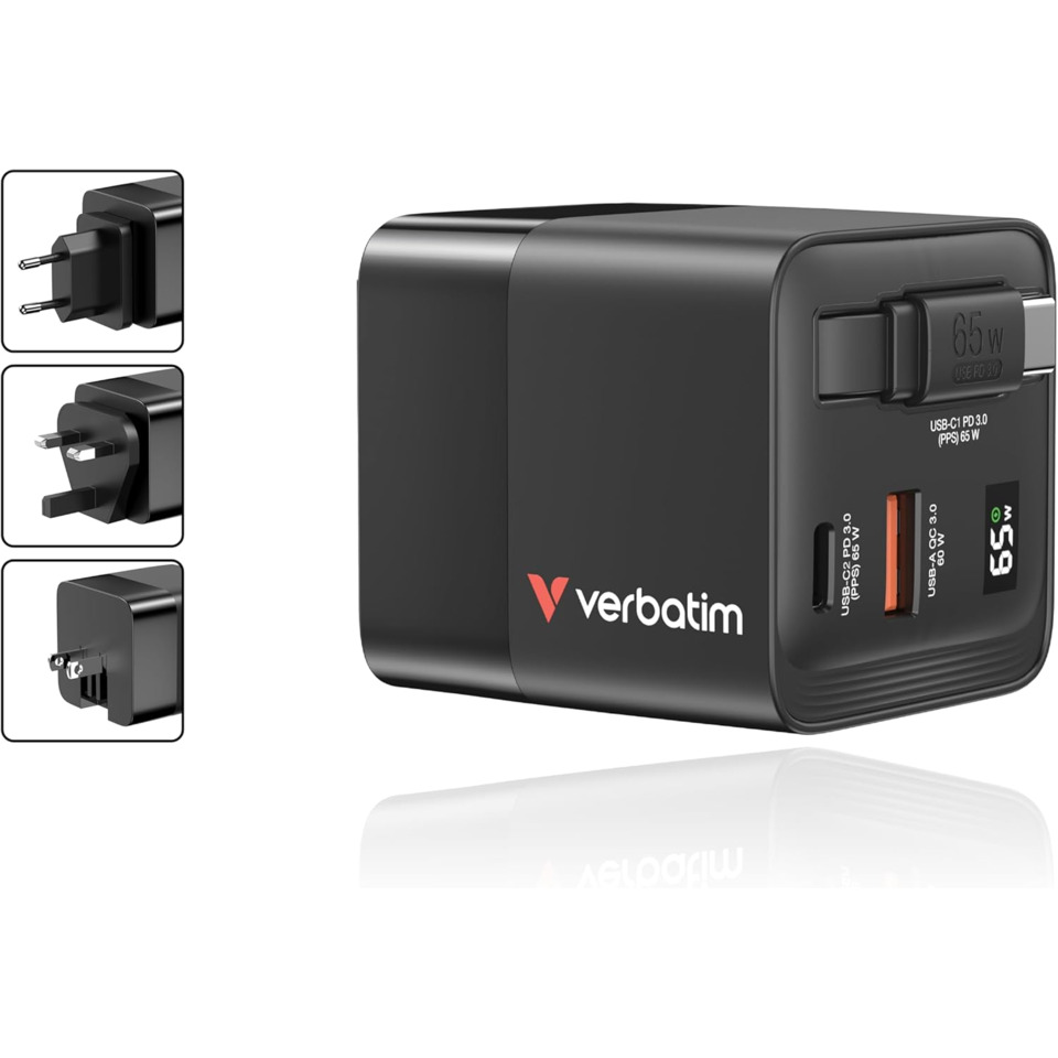 USB-C PD 3.0 65W, GaN-Ladegerät, Tischladegerät, Verbatim, USB-A Anschluss