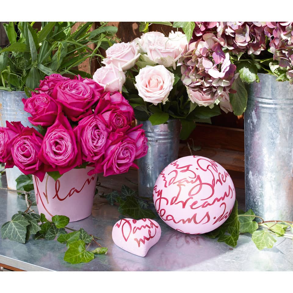 roses, flower arrangement, pink roses, metal buckets, handwritten script decor