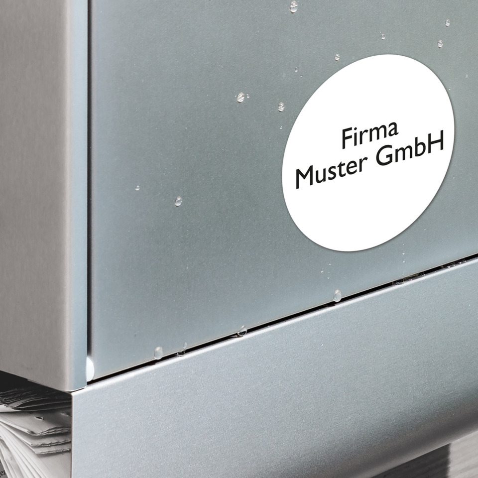 postfach, sticker, etikett, stahlbox, firmenlogo, metal, stahl, briefkasten, roundlabel, firma muster gmbh