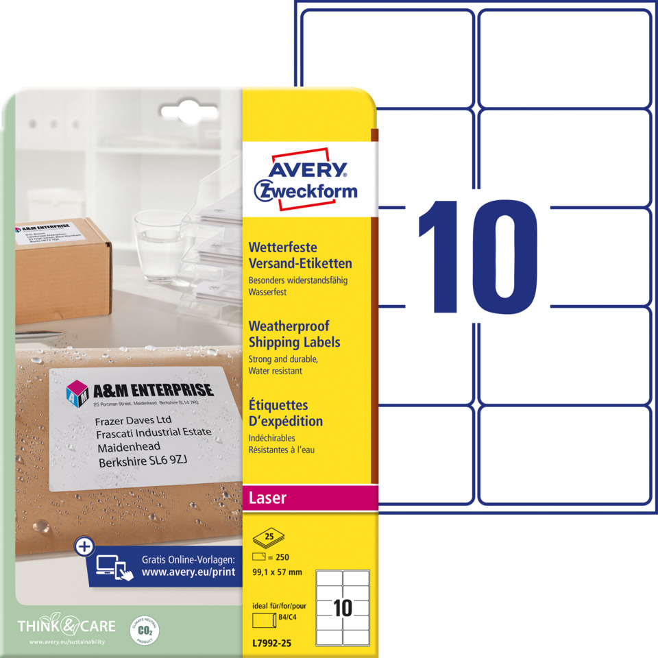 Etiketten, Versandetiketten, Wetterfest, Laser, Avery, writable labels, shipping labels, laser label, Avery Zweckform, Label sheet