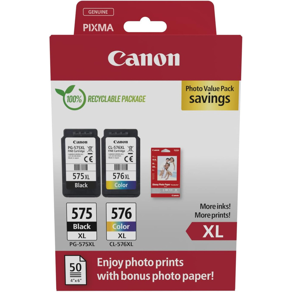 Canon Tintenpatronen, PG-575XL, PG-576XL, XL Größe, Fotopapier