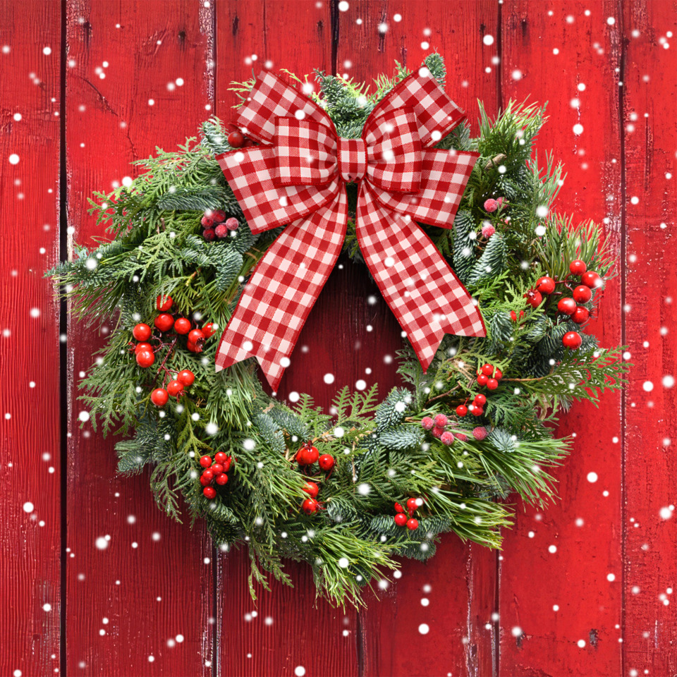 Weihnachtskranz, Tannenzweige, rote Beeren, rote Schleife, Kiefer