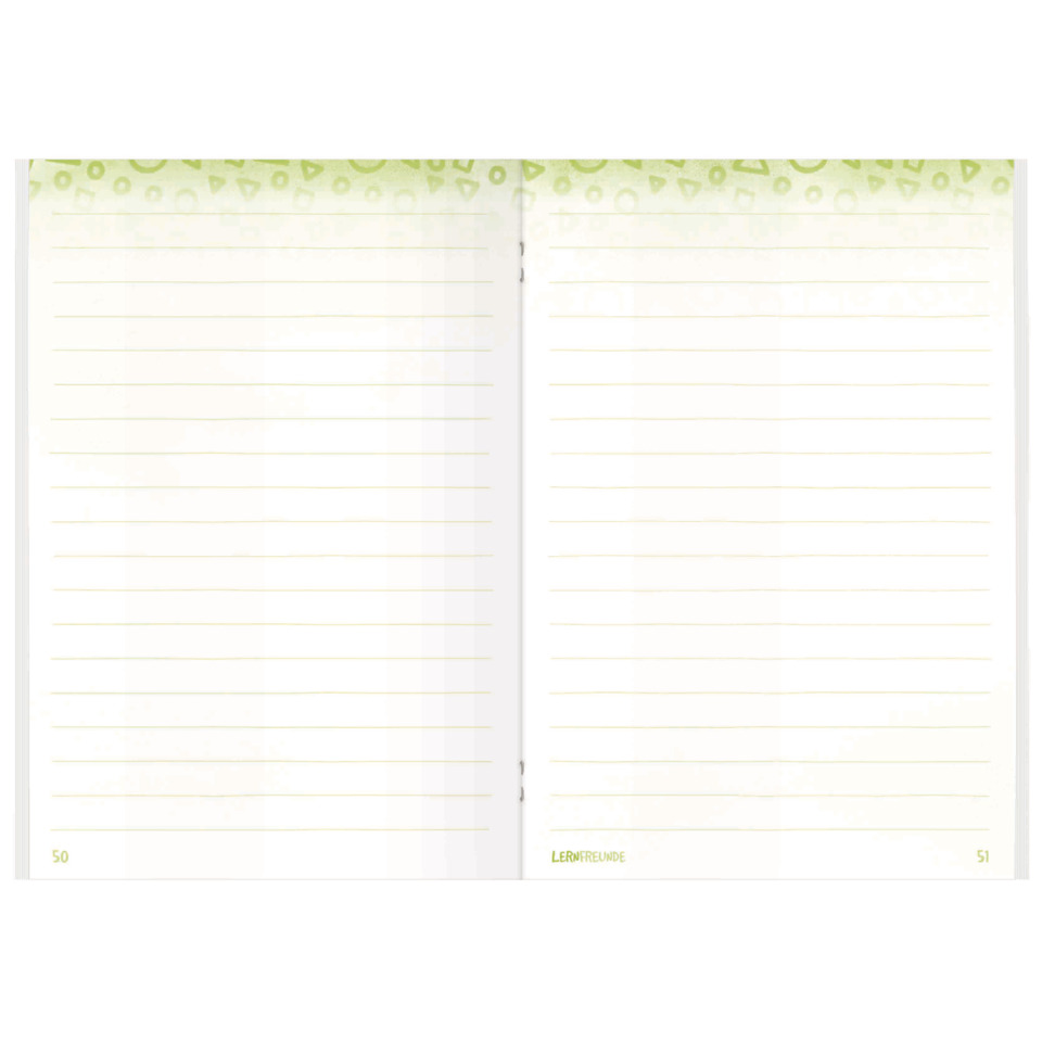 notebook, line pages, offenes Notizbuch, grüner Kopfbereich, Zweiseitige Doppelseite