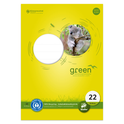 Arbeitsblock, A4, 80g/m², 50 Blatt, Lin.22, kariert ohne Rand STAUFEN GREEN 040745005