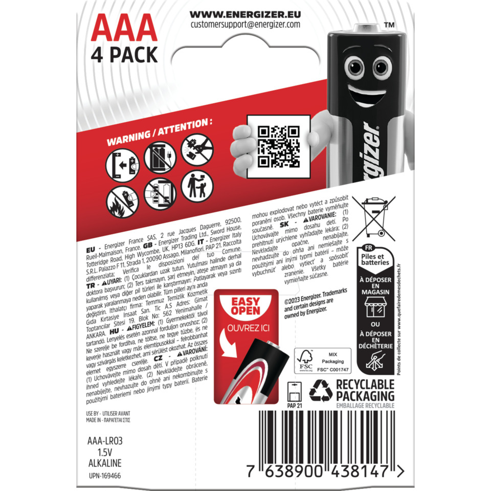 akku, AAA Pack, alkalisch, 4er Pack, recyclable packaging