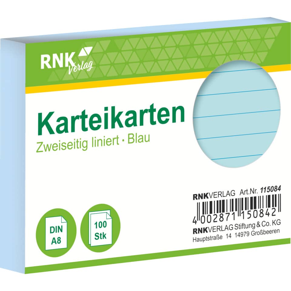 Karteikarten, Karteikarten blau, DIN A8, 100 Stück, linierte Karten