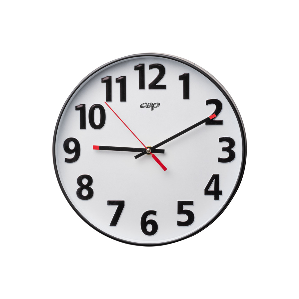 Wanduhr, rundes Zifferblatt, schwarzer Rahmen, arabische Ziffern, analoge Uhr