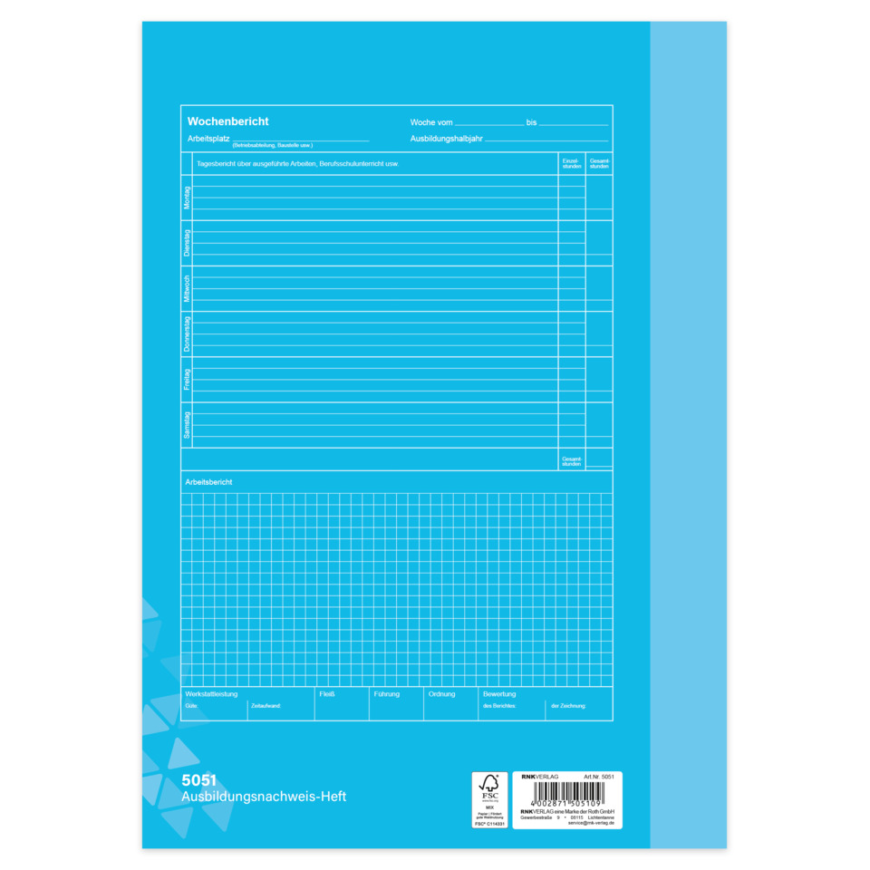Schulungsnachweis-Heft, Arbeitsbericht, Woche, Formblatt, Layout mit Raster