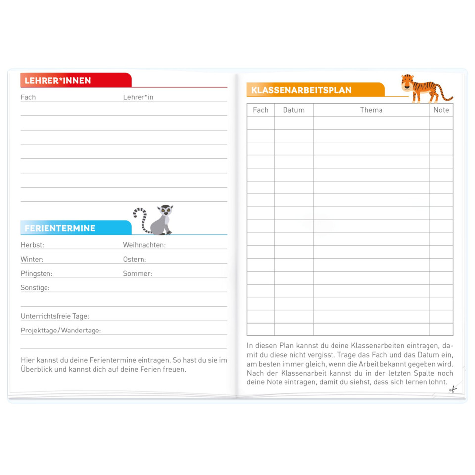Planbuch, Klassenarbeit, Schulplan, Ferienkalender, Tiermotiv