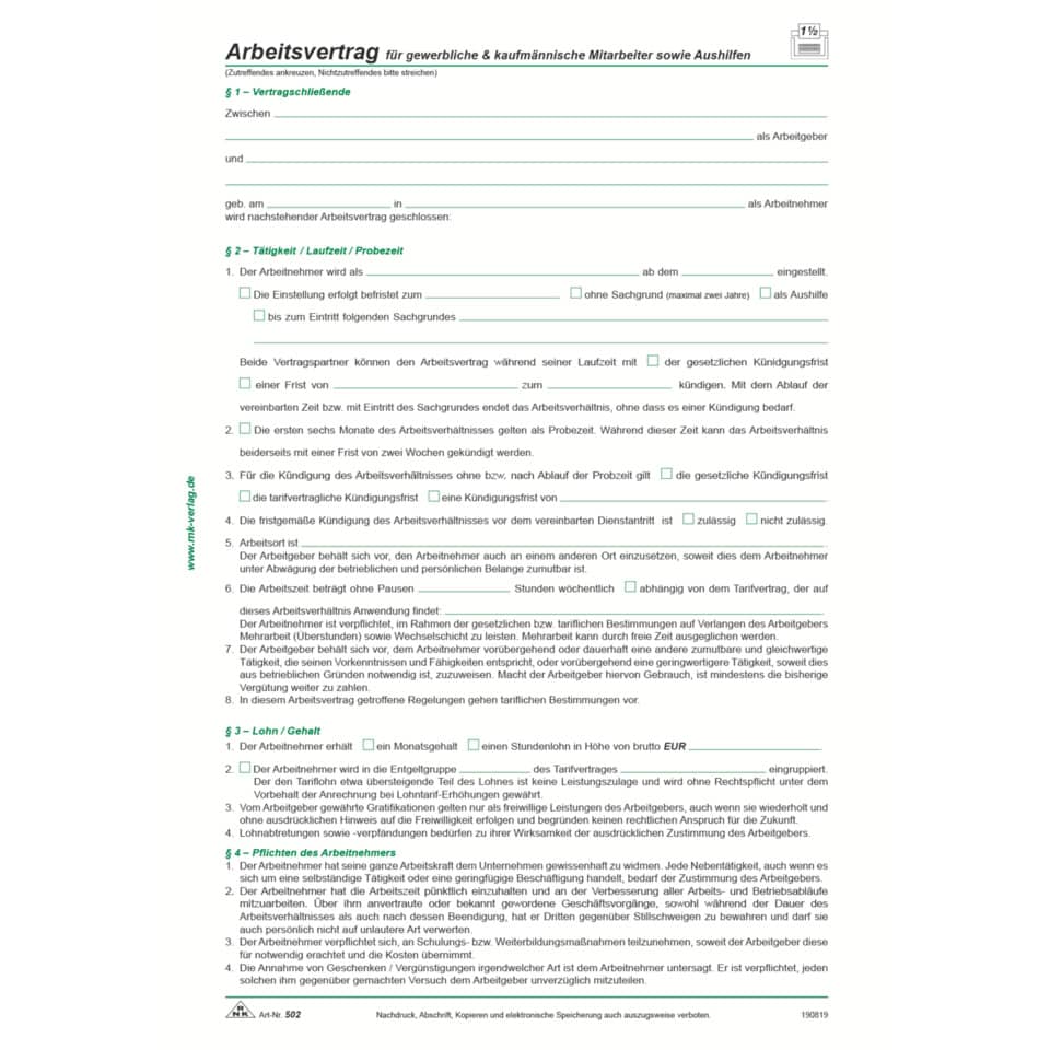 Arbeitsvertrag, Vertrag, Formular, Drucksatz, Kaufmännisch