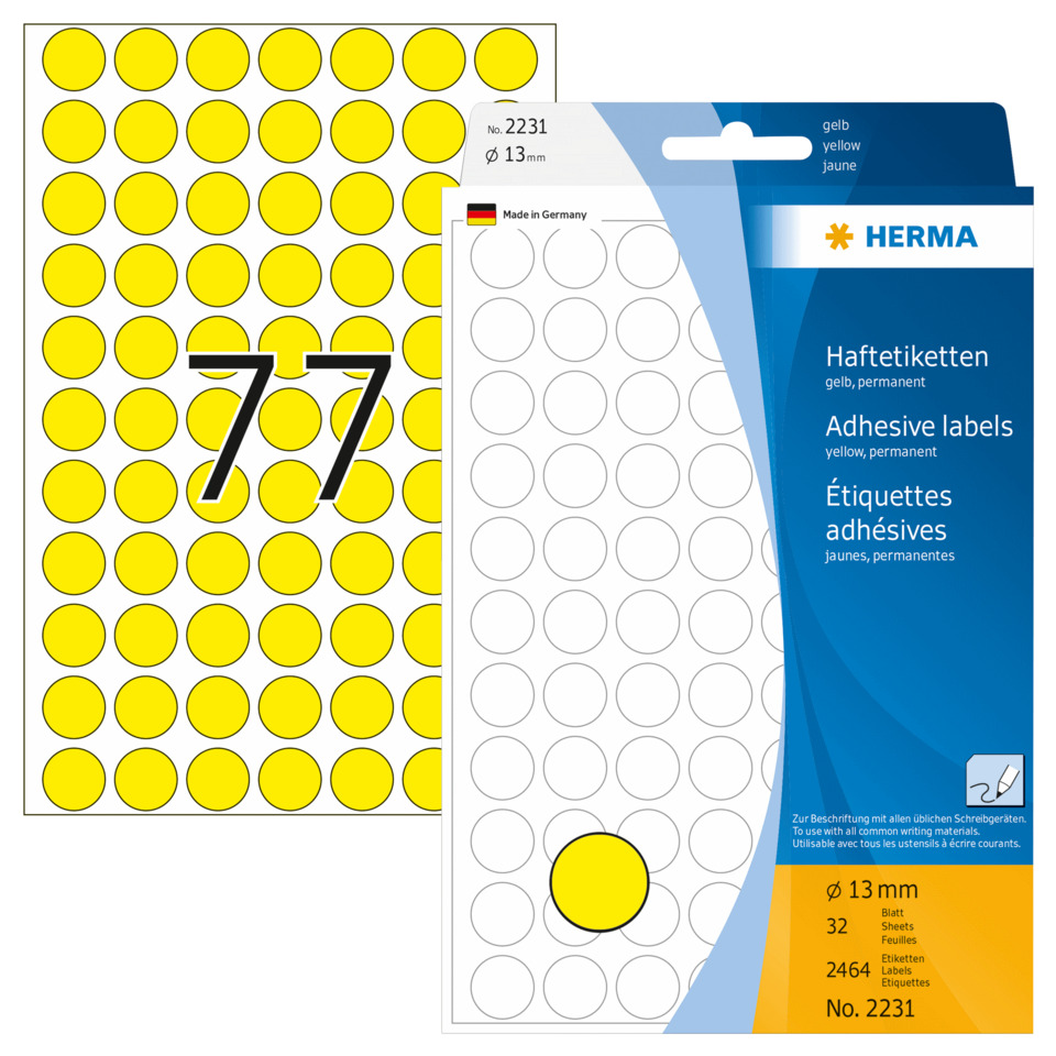 Haftetiketten, Klebeetiketten, Durchmesser 13 mm, Gelb, Paket mit Etiketten