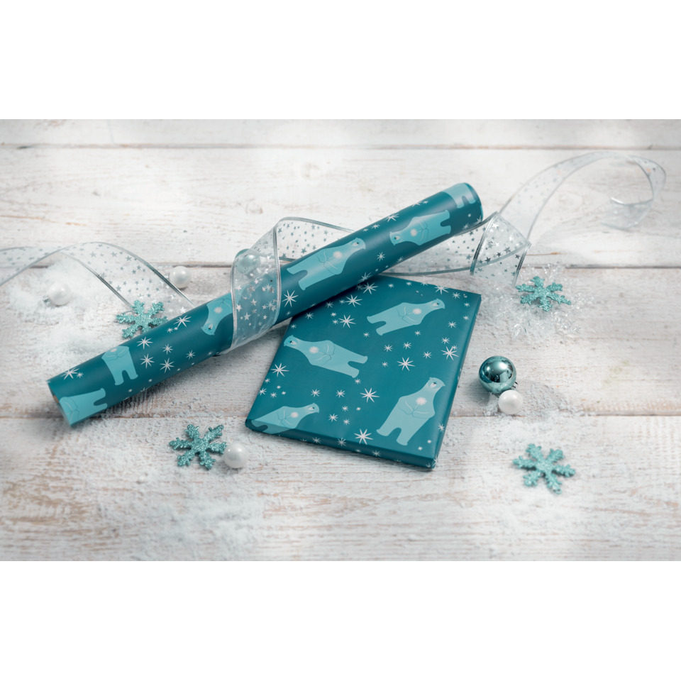 Geschenkpapier, Geschenkband, Weihnachten, Polar-Pinguin-Design, Blaues Geschenkset