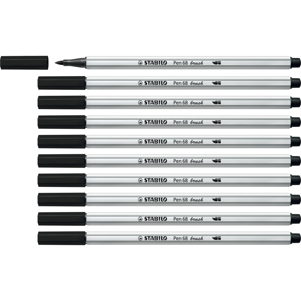 Marker, Pinselstift, Metallkörper, schwarze Kappe, Set aus 8, Marker, Pinselstift, Stabilo, Metallkörper, feine Spitze