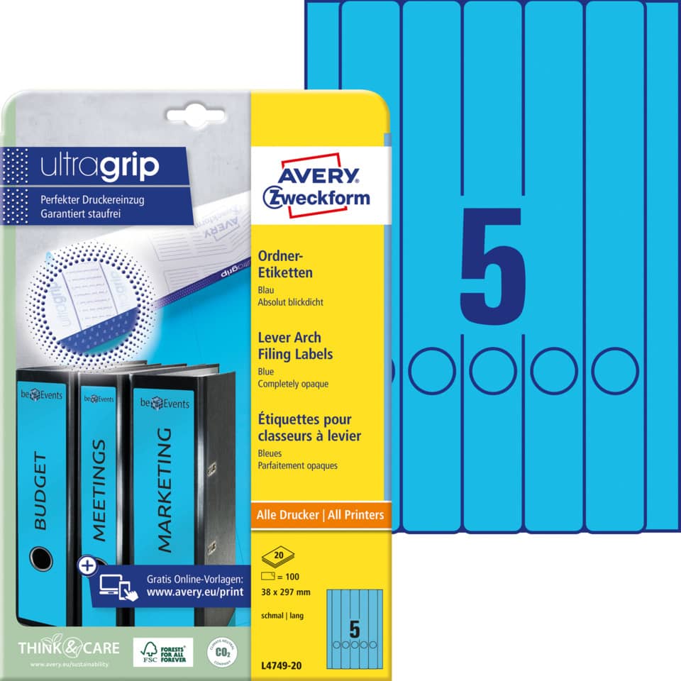 Ordnerrückenschild permanent, 38 x 297 mm, schmal/lang, 100 Stück, blau AVERY ZWECKFORM L4749-20