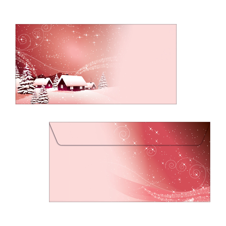Winterlandschaft, verschneites Dorf, rotverlauf, Umschlag, Zierspiralen