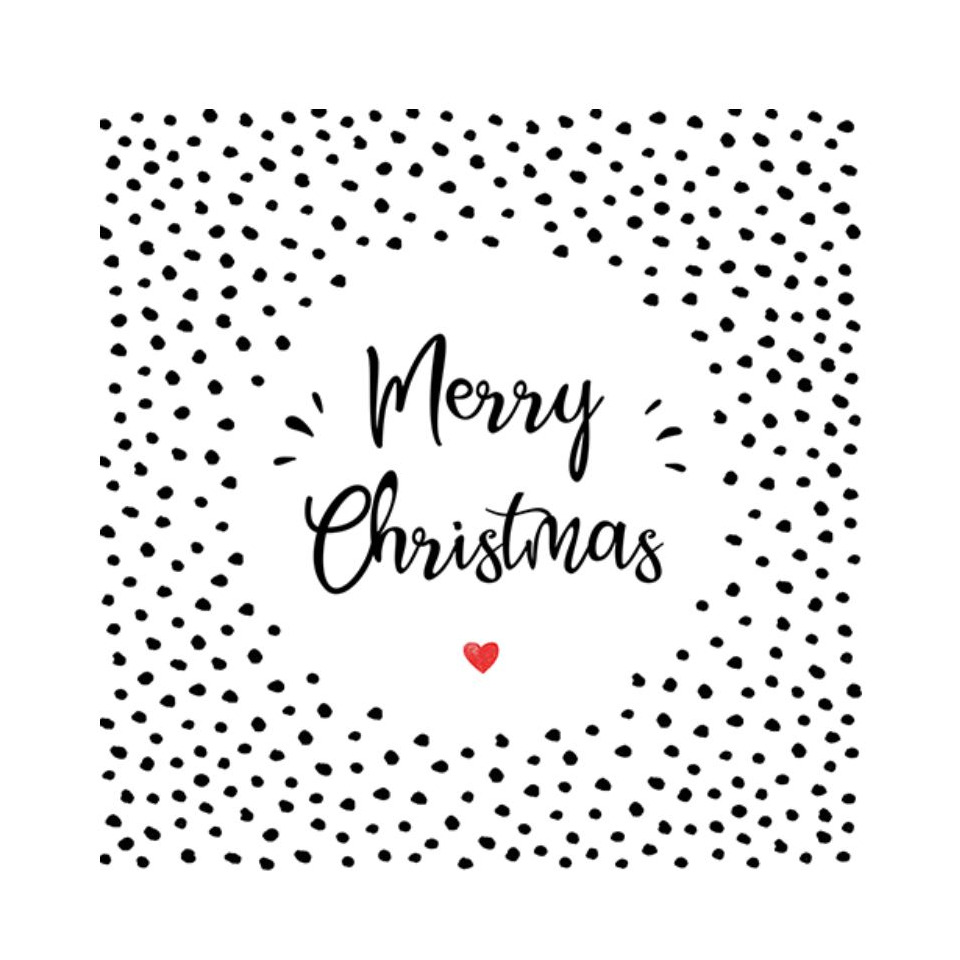 Kartenmotiv, Weihnachtskarte, Merry Christmas, rote Herzform, Dalmatinerpunkt Muster