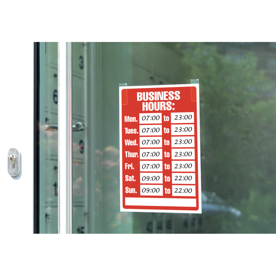 geschäftszeiten, öffnungszeiten, aushang, sonnenschutz, glas