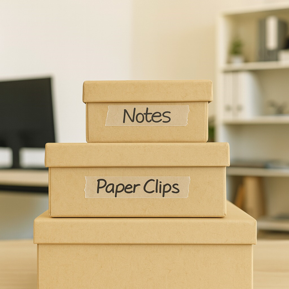 notizen, papierclips, kartons, boxen, pakete