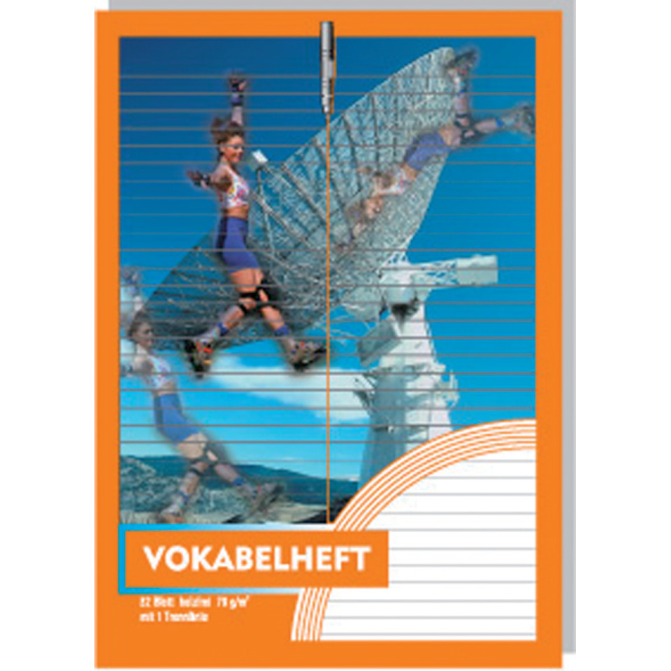 vokabelheft, kopie, farbenorange, skizzenlayout, sportfigur