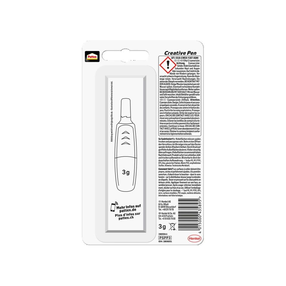 Kunststoffstift, Kleber, 3 g, Applikationstube, Pattex Creative Pen