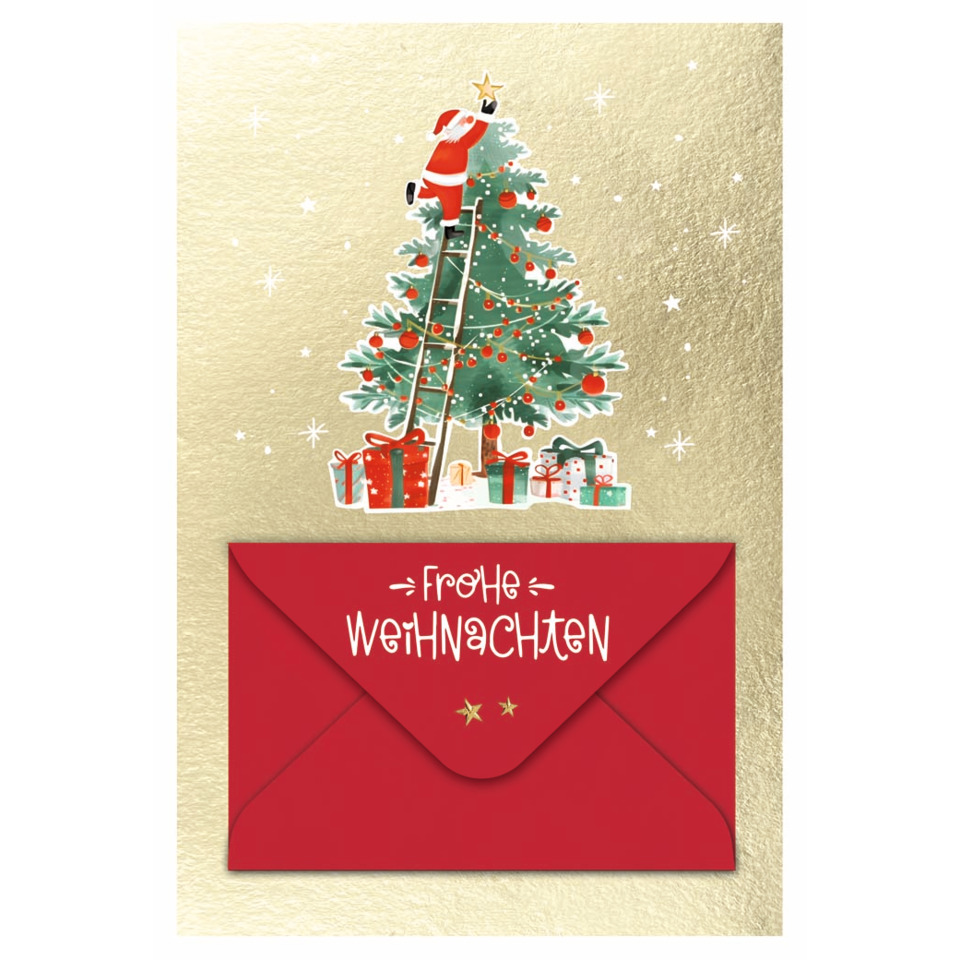 Weihnachtskarte, Weihnachtsbaum, Geschenke, Umschlag, Goldhintergrund