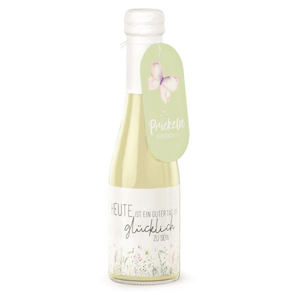 Weißwein, Flasche, Etikett, Blumenmuster, Prickeln