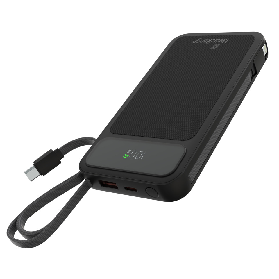 Powerbank, USB-C, Wireless charging, Digital display, Lanyard