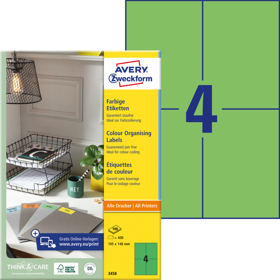 Etiketten, Colour Organising Labels, 4er Pack, Druckeretiketten, Bürobedarf