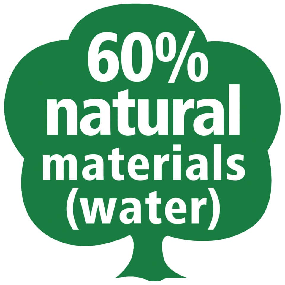 60% natürliche Materialien, Baumform, grüner Hintergrund, Wasserzeichen, Etikett