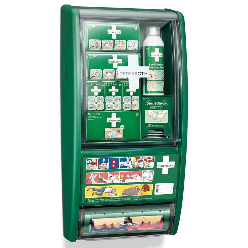 erste hilfe kasten, medizinischer spender, grüne schrank, verbrennungsgel, eye & wound cleansing
