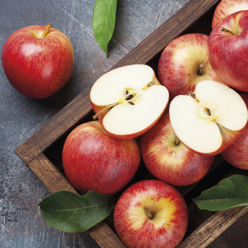 Äpfel, Schnittäpfel, Fruchtkorb, Rot, Holzkiste