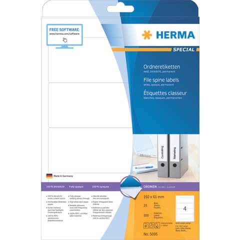 Ordneretiketten permanent, 61x192mm, breit/kurz, 100 Stück, weiß HERMA 5095