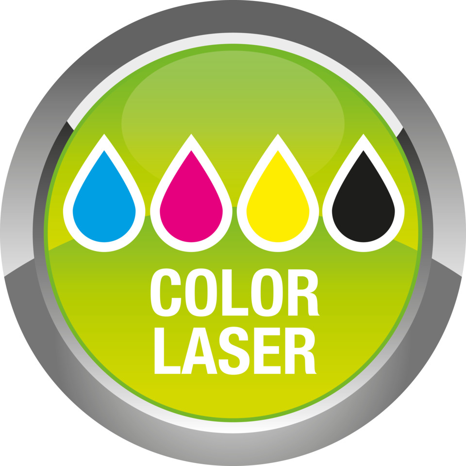 color laser, colorful droplets, green badge, label icon, industrial symbol