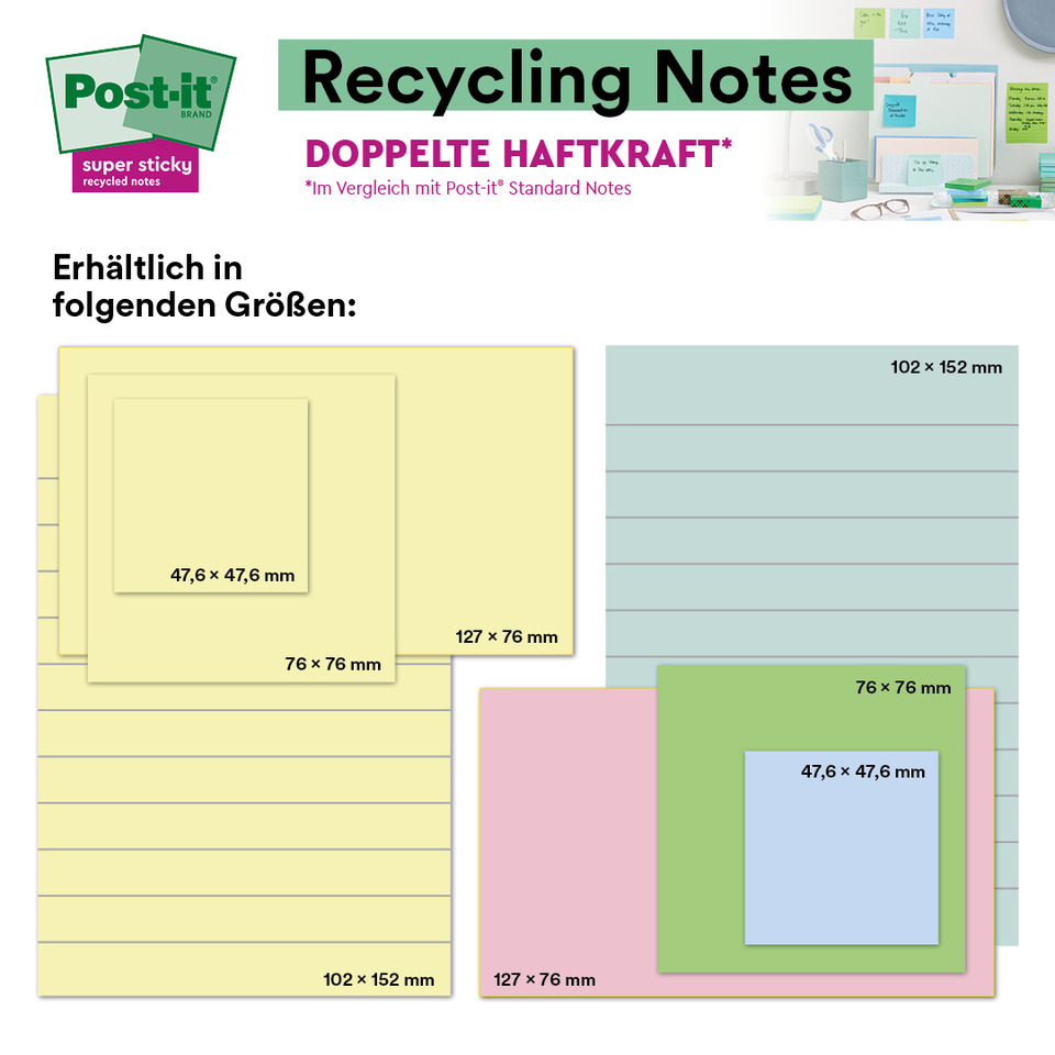 Post-it Notizen, Recycling Notizen, Notizblätter, Klebepunkte, Größenvielfalt