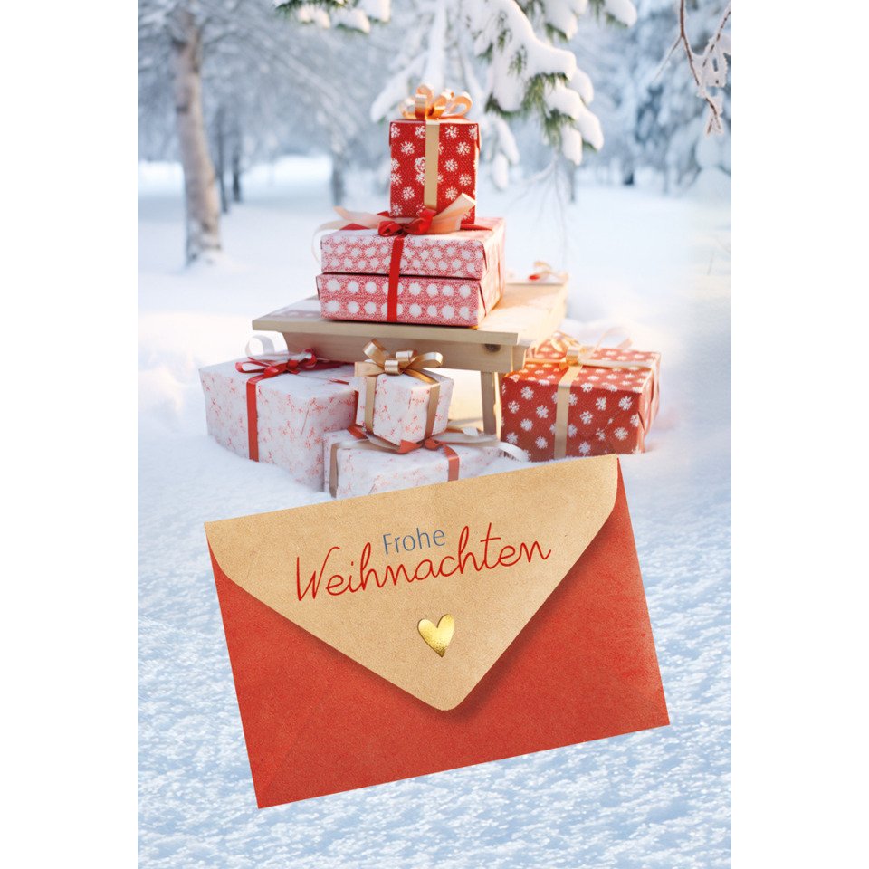 Weihnachtsgeschenke, Geschenke, Paketstapel, Schneelandschaft, Grußkarte