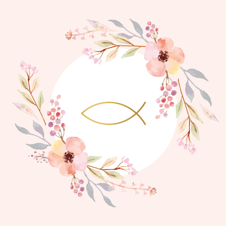 lei-ornament, floral wreath, golden fish, circle logo, watercolor petals