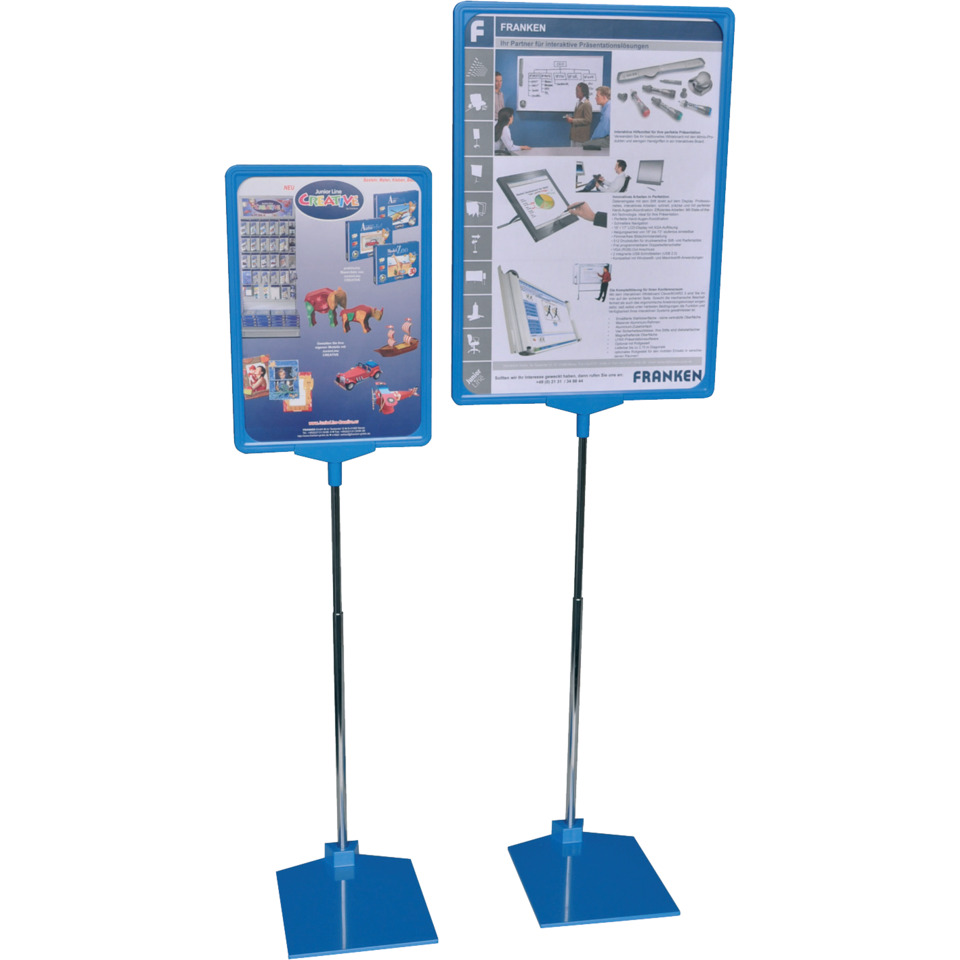 display stand, poster stand, blue frame, information board, adjustable stand