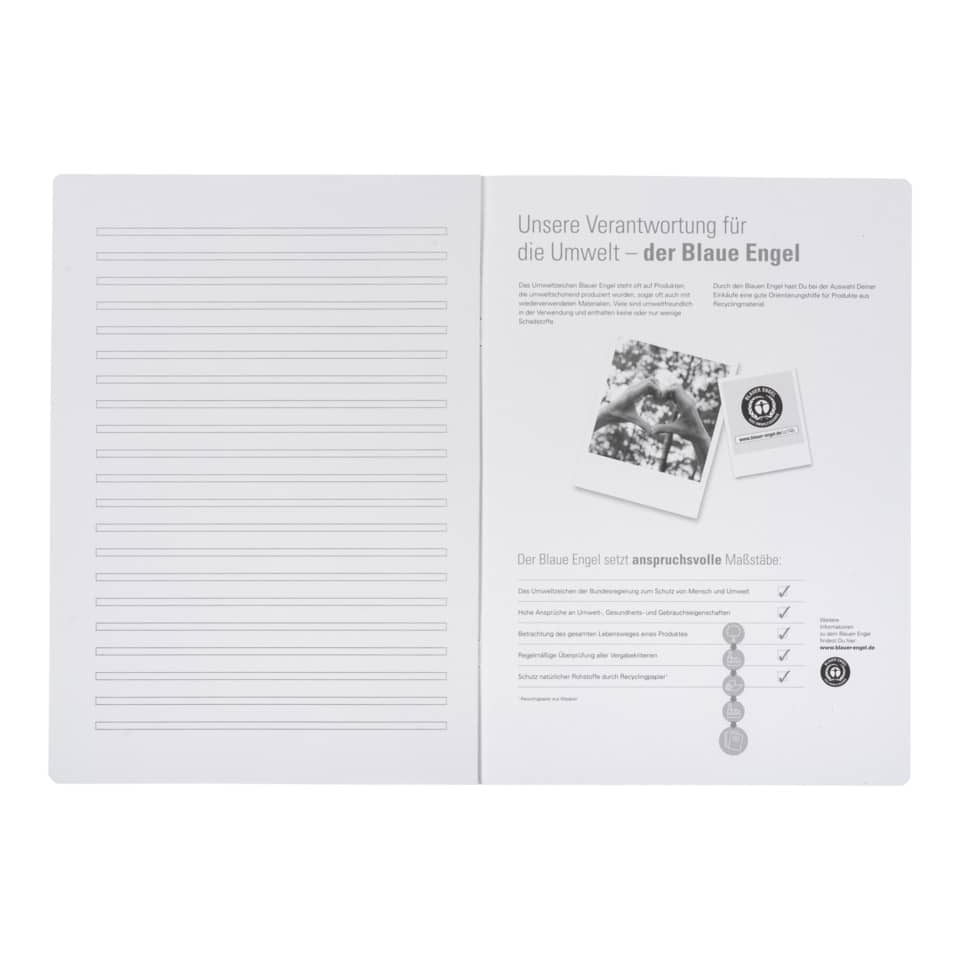 Notizbuch, offenes Heft, Grafikdesign, Umweltetikett, Seiten