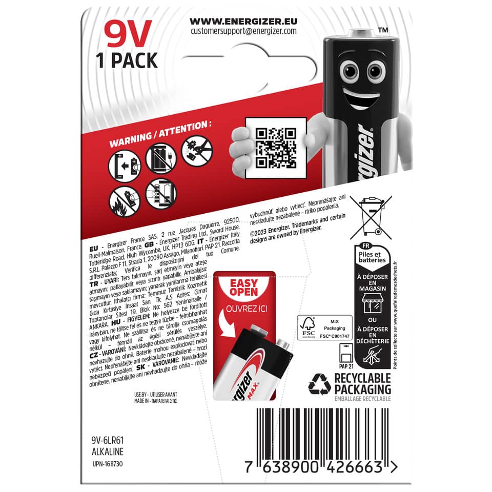 9V Batterie, alkalisch, 1 Packung, quadratisch?, recycelbare Verpackung