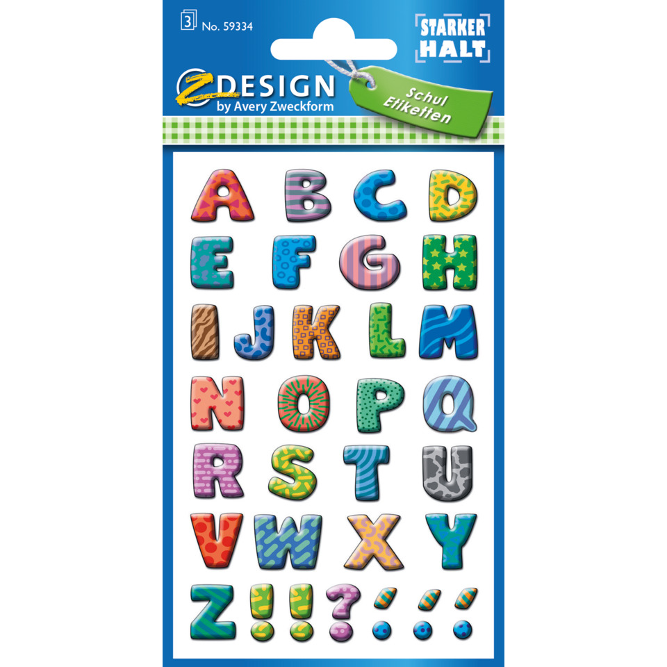 Alphabet-Aufkleber, Avery Zweckform, A-Z Buchstaben, bunte Buchstaben, farbige Buchstaben