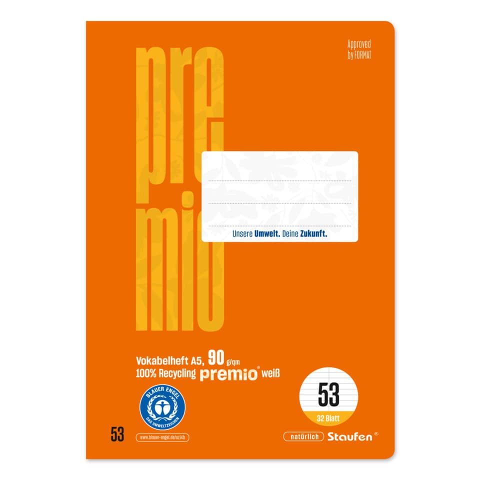 orange cover, Vokabelheft, A5, weißes Papier, Recycling