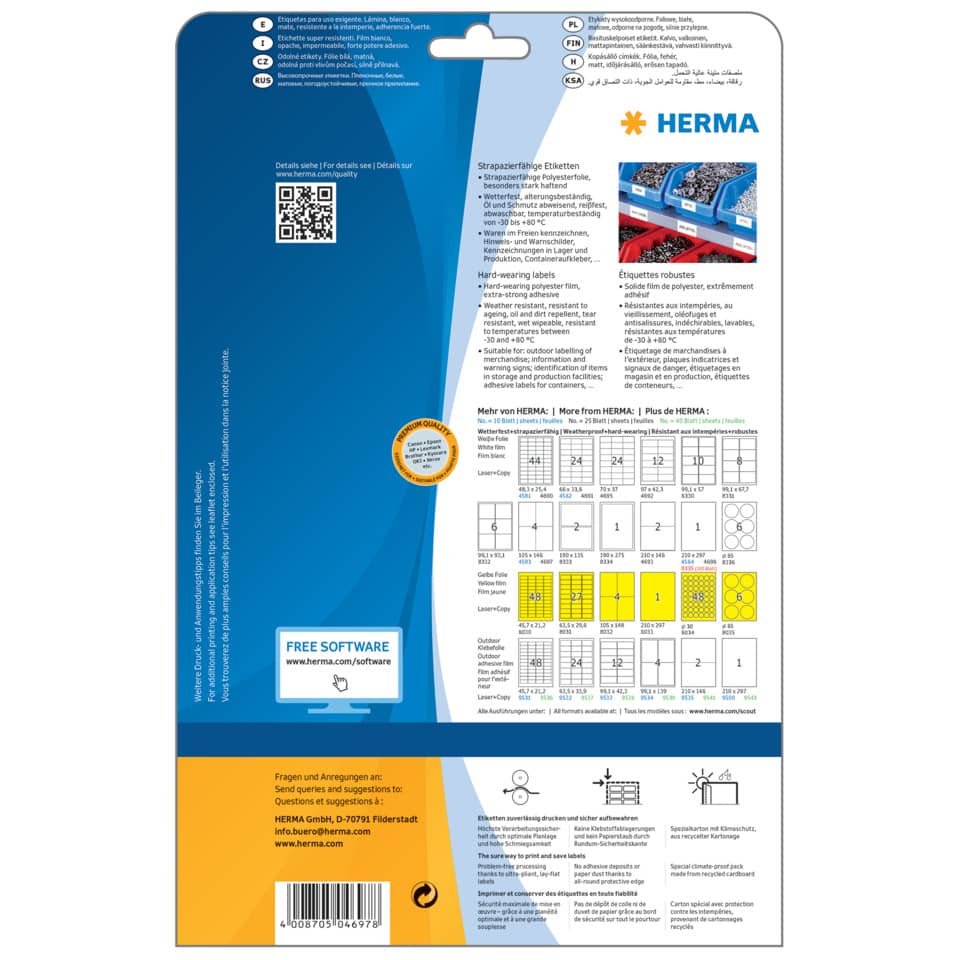 blue packaging, Herma, labeling system, adhesive sheet, hard-wearing labels