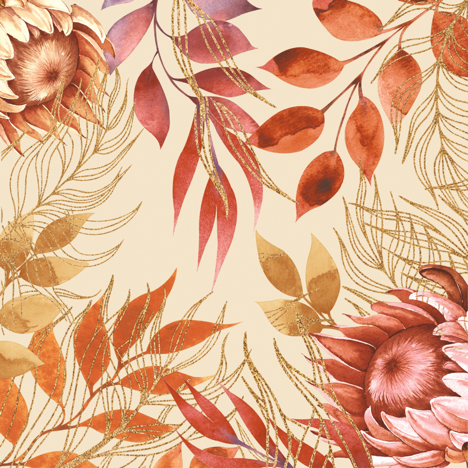 Blumenmuster, Herbstfarben, Blätter, Goldakzente, Wandtapete
